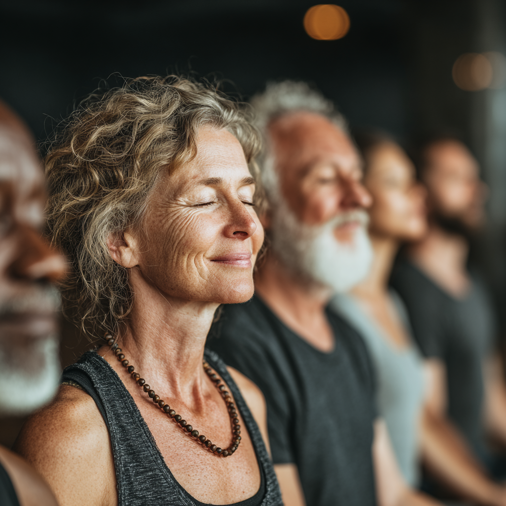 Group of diverse middle-aged people in their 40s and 50s practicing yoga together in bright studio, showing community and wellness with peaceful smiling expressions
