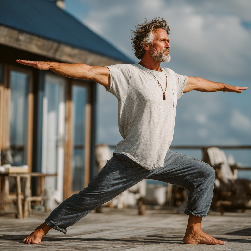 Mature man in his 40s practicing yoga warrior pose on wooden deck, demonstrating strength and balance with focused concentration and peaceful expression