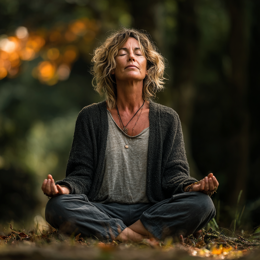 Peaceful middle-aged woman in her 50s practicing yoga meditation pose outdoors in nature, sitting cross-legged with eyes closed in serene forest setting